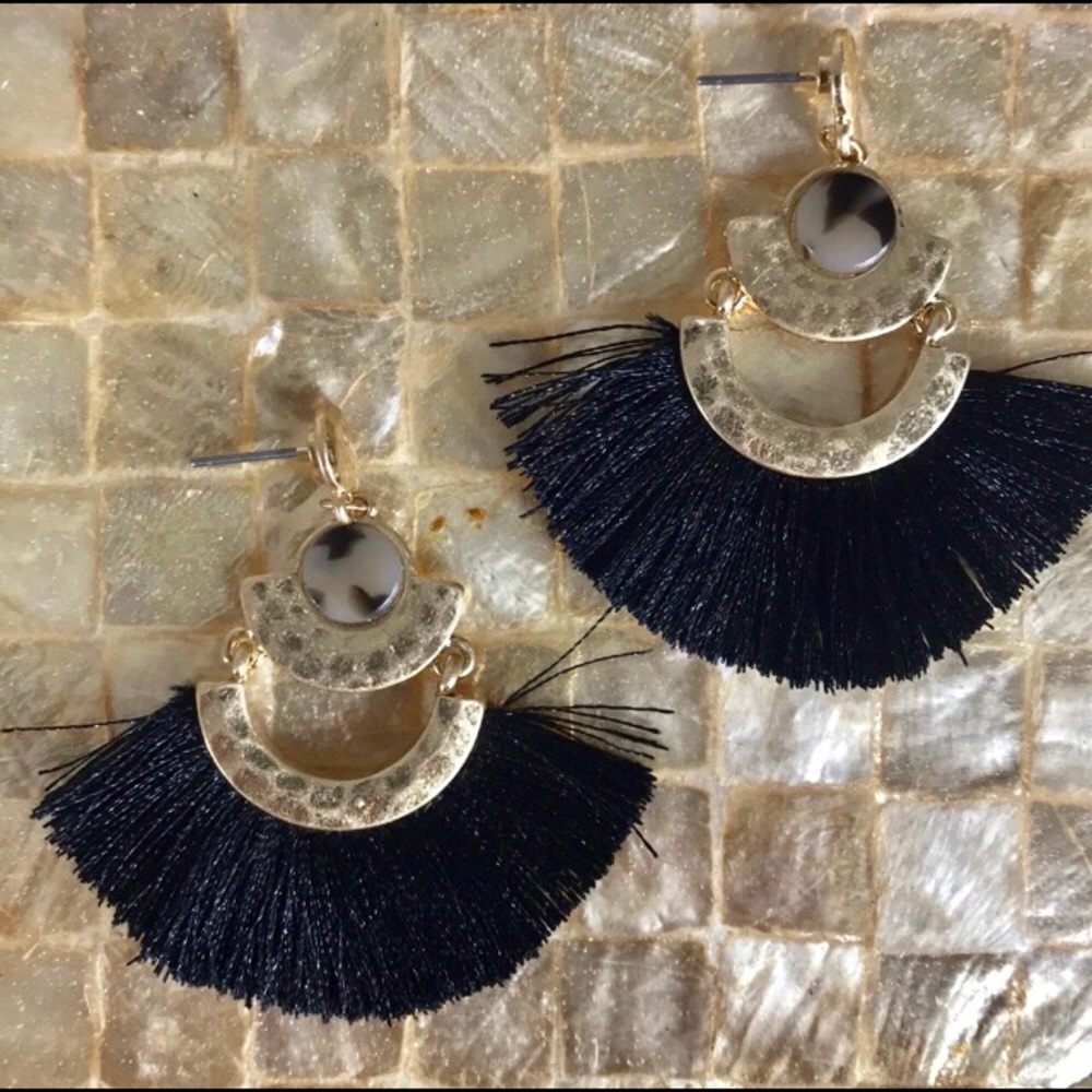 🌴Black Fan Tassel & Tortoise Shell Boho Earrings